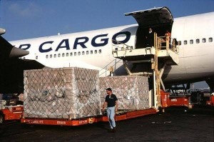 air freight being loaded onto plane
